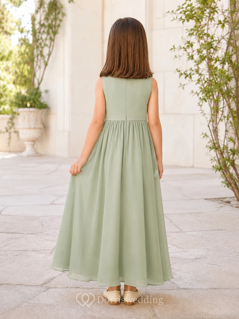Blumenmädchenkleid aus salbeifarbenem Chiffon, A-Linie, Rundhalsausschnitt, Teelänge view 2