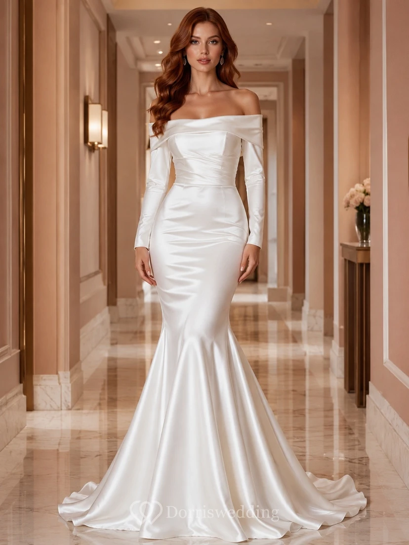 Romantic Off-Shoulder Long-Sleeve Satin Mermaid Sweep-Train Elegant Wedding Dress
