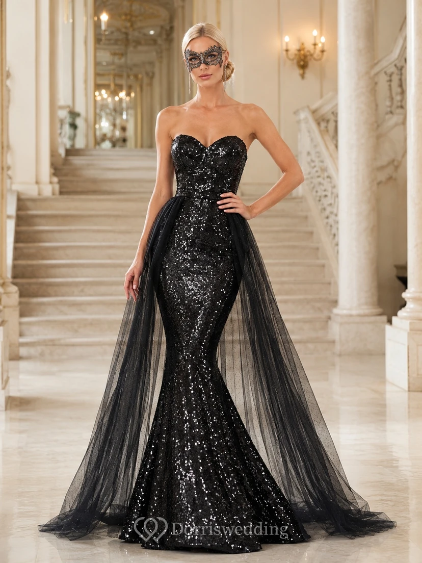 Black Strapless Sweetheart Sequined Mermaid Tulle Overskirt Masquerade Prom Evening Gown