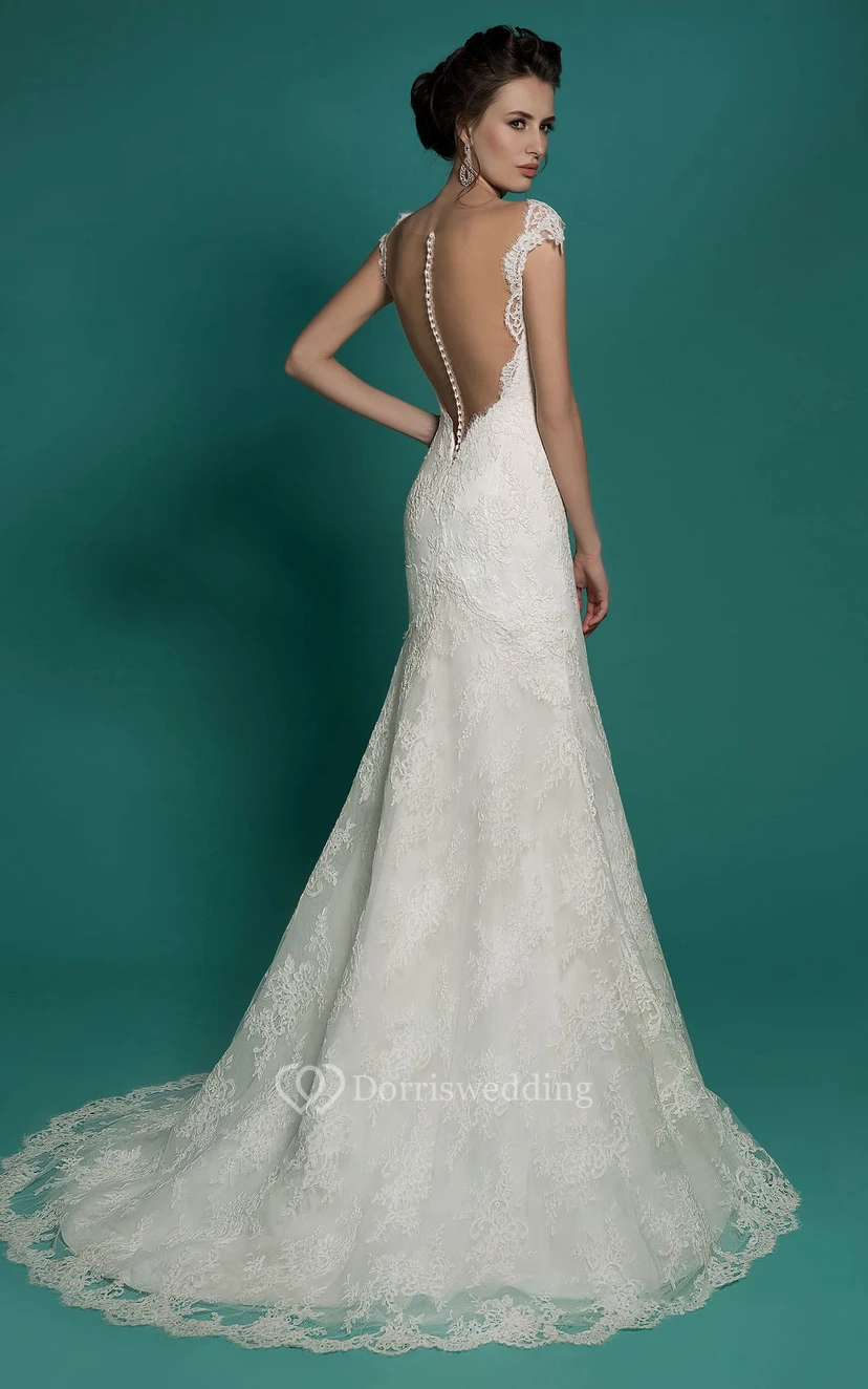 Meerjungfrauen-Kleid aus bodenlangem, ärmellosem Spitzenkleid mit V-Ausschnitt und Illusionseffekt view 2