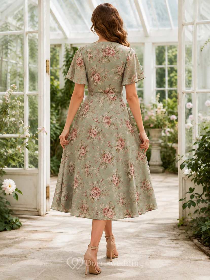 Vestido cruzado con escote en V y estampado de rosas color salvia, largo hasta la rodilla. view 2