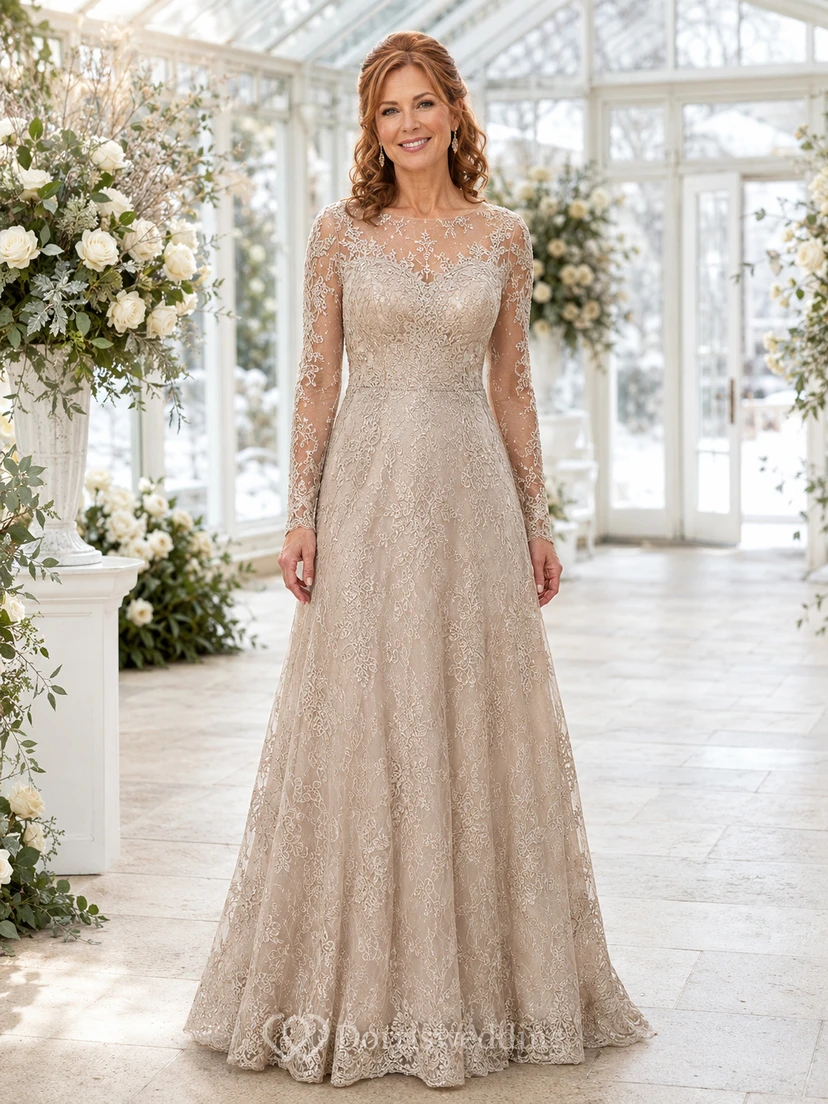 Champagnerfarbenes, elegantes Winterkleid für die Mutter der Braut mit langen Ärmeln, U-Boot-Ausschnitt, Illusionsspitze, A-Linie und Schleppe