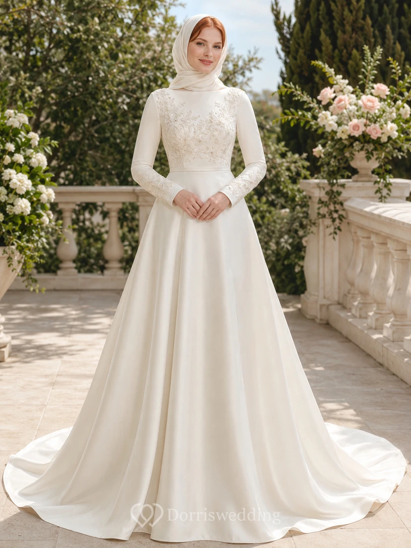 Vestido de novia musulmán de satén con escote barco y cola de capilla