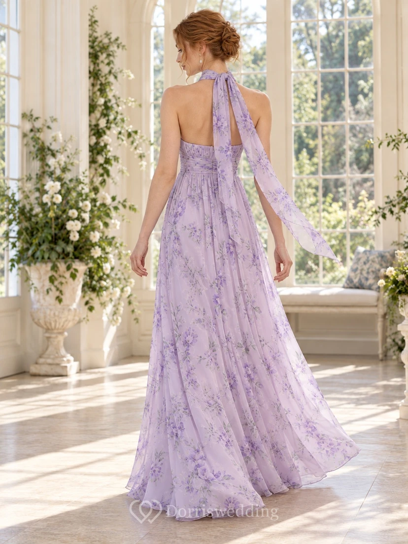Lilac Floral Print High-Neck Scarf Draped Floor-Length Chiffon Bridesmaid Dress view 2