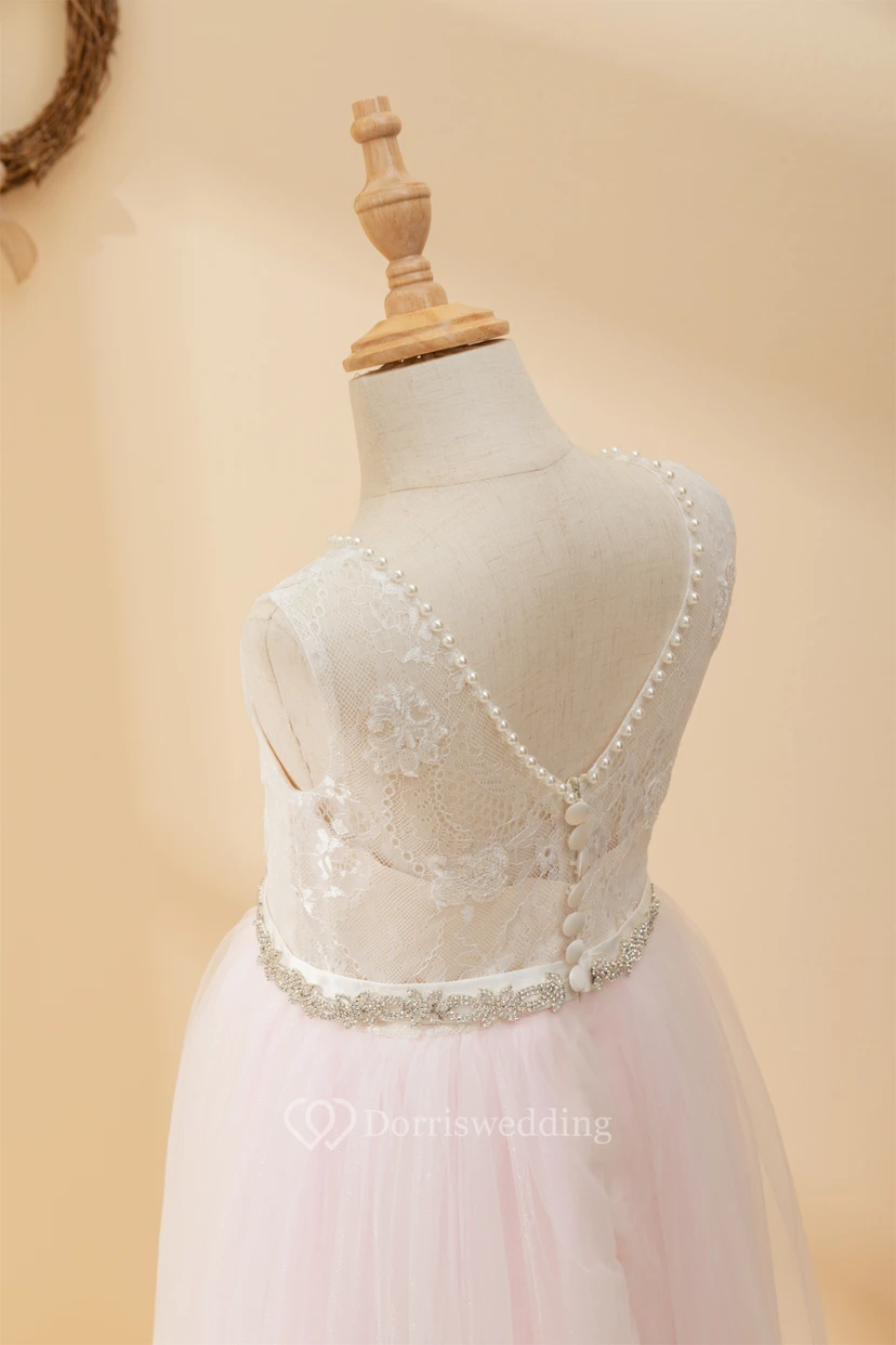 Angel Lace Scoop-neck Sleeveless Tulle Beaded Applique Flowergirl Dress view 6