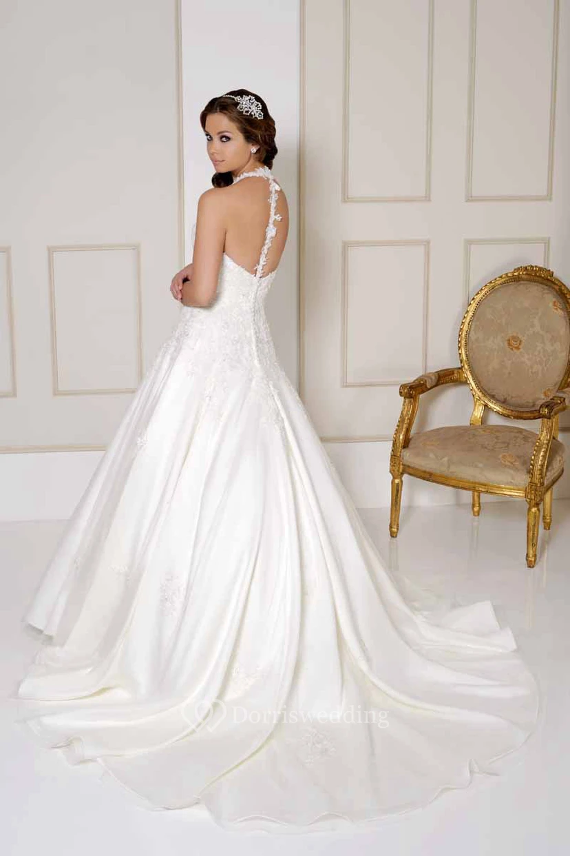 Long Halter Appliqued Satin Wedding Dress With Chapel Train And V Back view 2