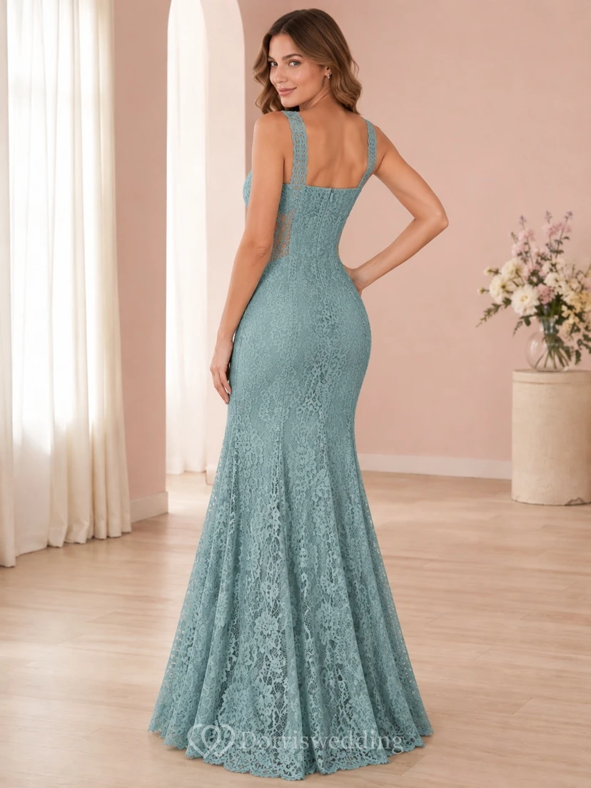 Hellblaues, schlichtes Meerjungfrauen-Brautkleid mit eckigem Ausschnitt, Trägern und Spitze, bodenlang view 2