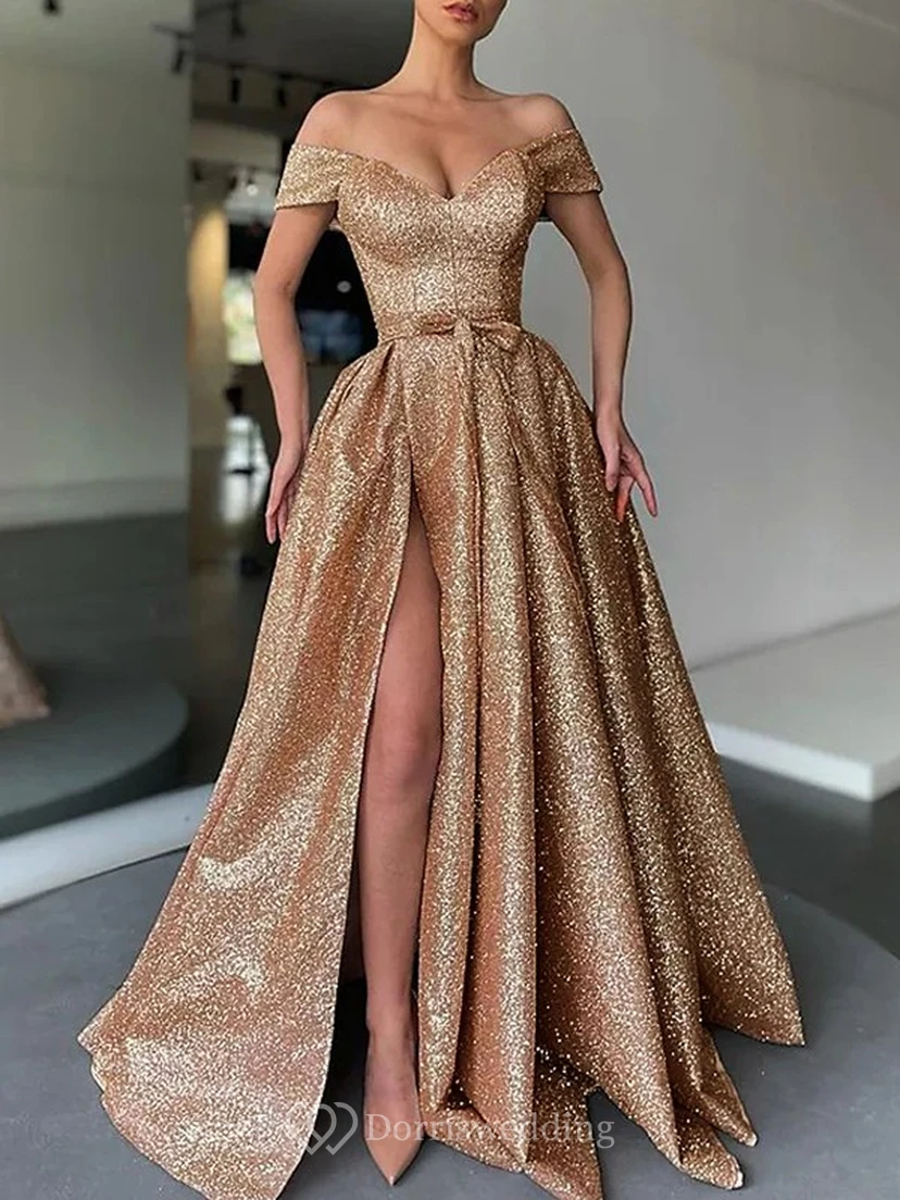 Sexy Off-the-shoulder Gold Front Split Empire A-line Sequin Dress