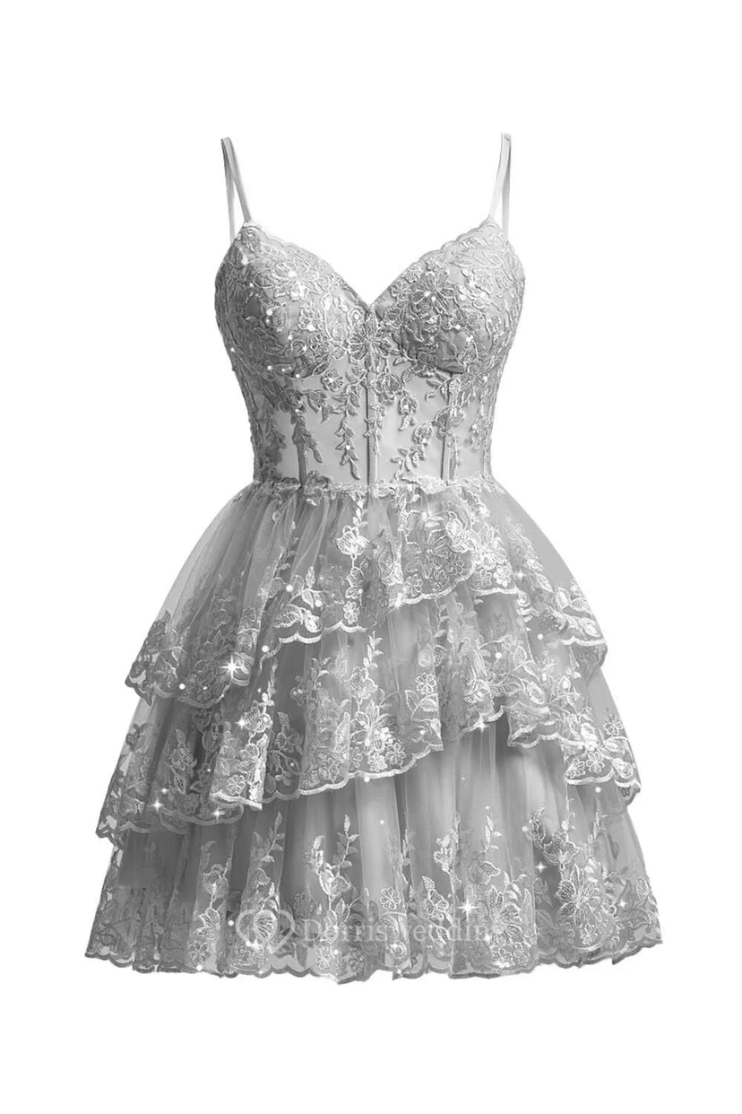 Robe de cocktail en dentelle violette à volants view 20