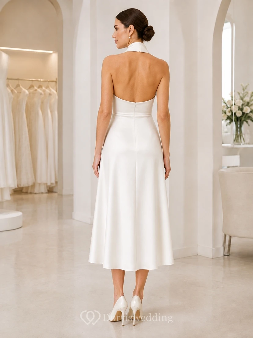 Civil Wedding Halter Sleeveless A-Line Tea-length Satin Elopement Dress view 2