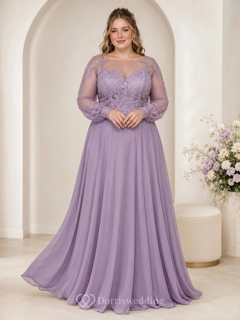 Lavender Plus Size Long Sleeve Lace Chiffon Wedding Dress