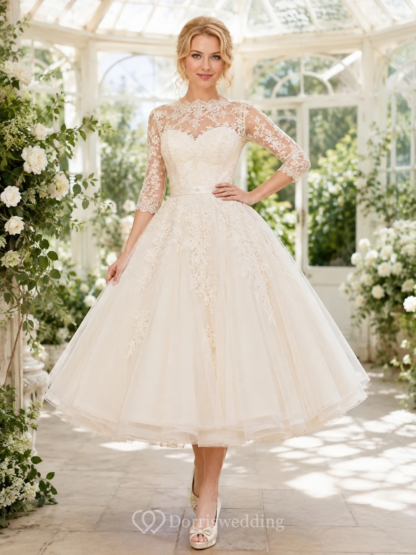 Vintage Teelänge Brautkleid mit dreiviertelärmeln, Spitzenunterrock und A-Linien-Schnitt