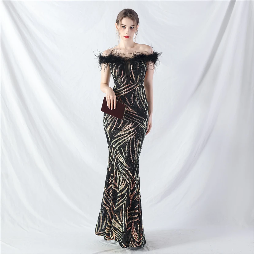 Robe de soirée haut de gamme à sequins, ornée d'un gilet à taille en arêtes de poisson et de plumes d'autruche. view 53