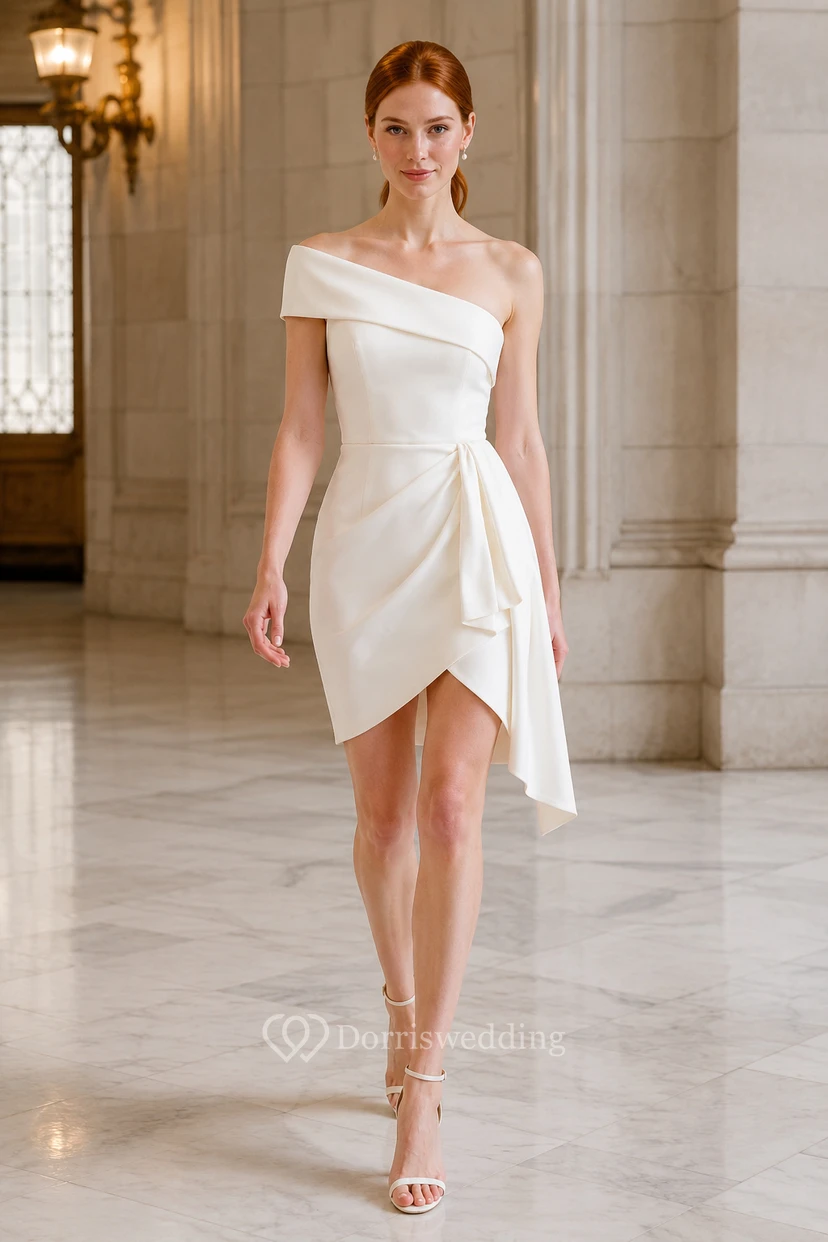 Robe de mariée courte fourreau blanche en satin à épaules dénudées et coupe portefeuille