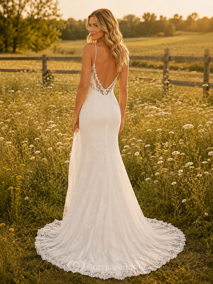 Vestido de novia de encaje campestre, estilo sirena, con tirantes finos, cola de capilla y espalda baja en V. view 2