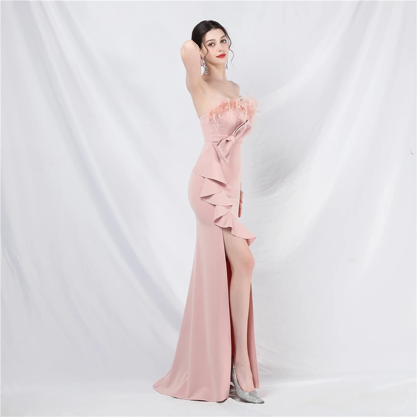 Crafted Custom-Made Ostrich Hair Off-Shoulder Tube Top Dinner Celebration Wedding Dress view 13