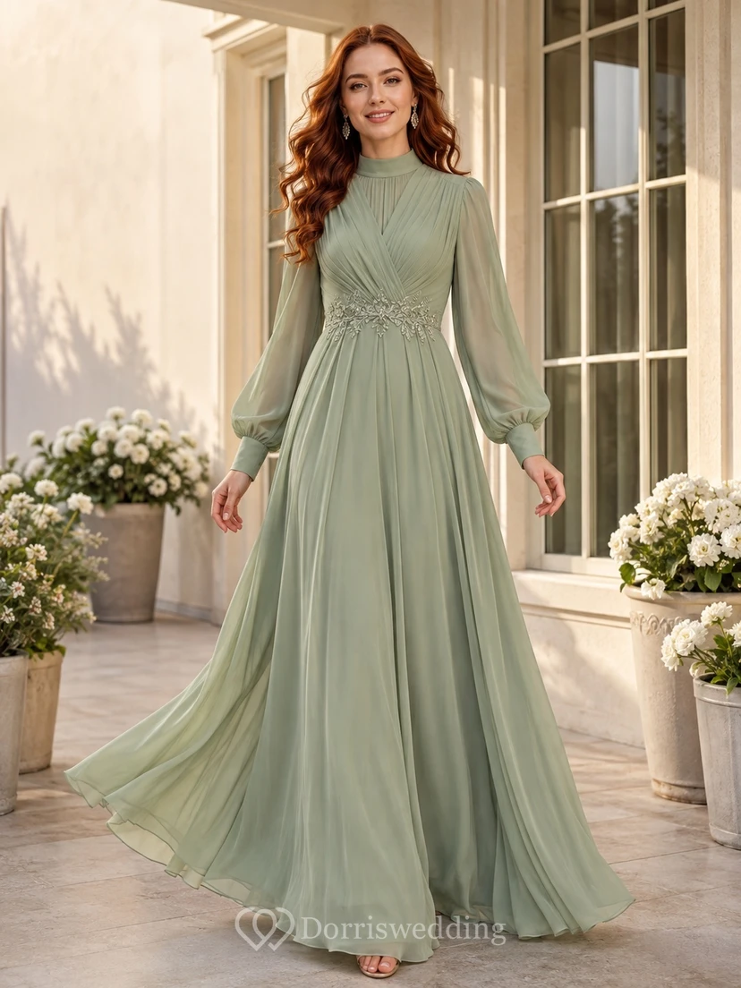 Sage Green Chiffon Long Sleeve A-Line High Neck Modest Floor Length Garden Bridesmaid Dress