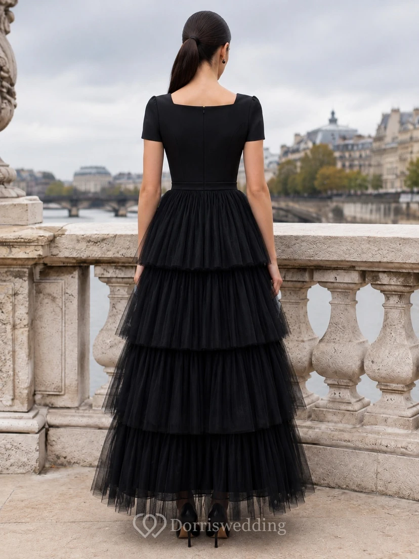 Black Square Neck Short Sleeve Tiered Tulle Ball Gown Floor-Length Vintage Formal Dress view 2