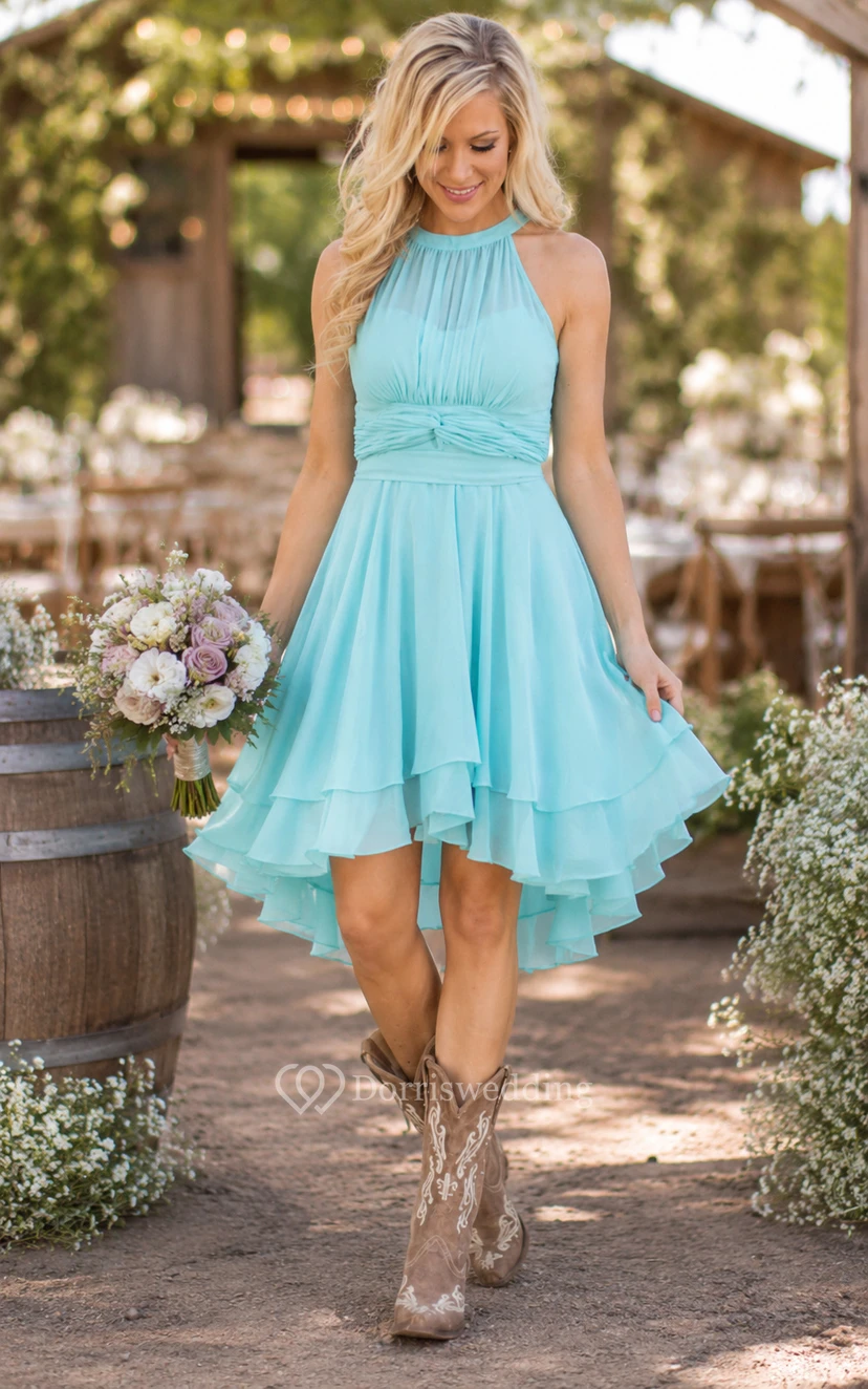 Robe de demoiselle d'honneur en mousseline à col halter asymétrique pour mariage champêtre view 9