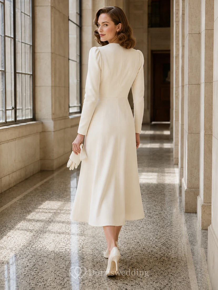 Vintage V-Neck Button Long Sleeve Satin Ankle-Length Courthouse Wedding Dress view 2