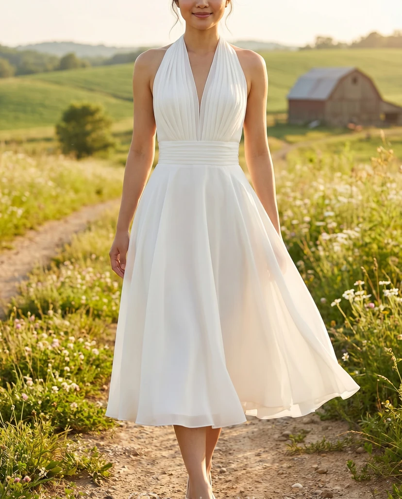Marilyn Monroe White Halter Dress | Tea Length Costume | 1950s Vintage Wedding Gown view 14