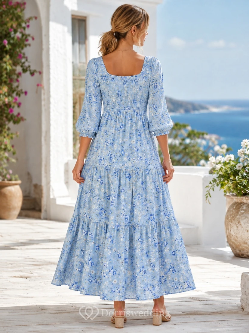 Light Blue Floral Square Neck Three-Quarter Puff Sleeve Tiered Ankle-Length Bohemian Dress view 2
