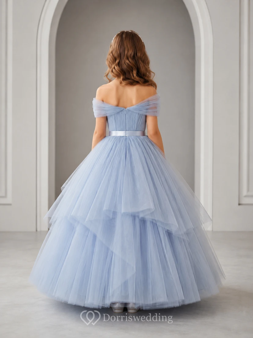 Flower Girl Dress Steel Blue Tulle A-Line Off Shoulder High Low Ruffle Detail view 2