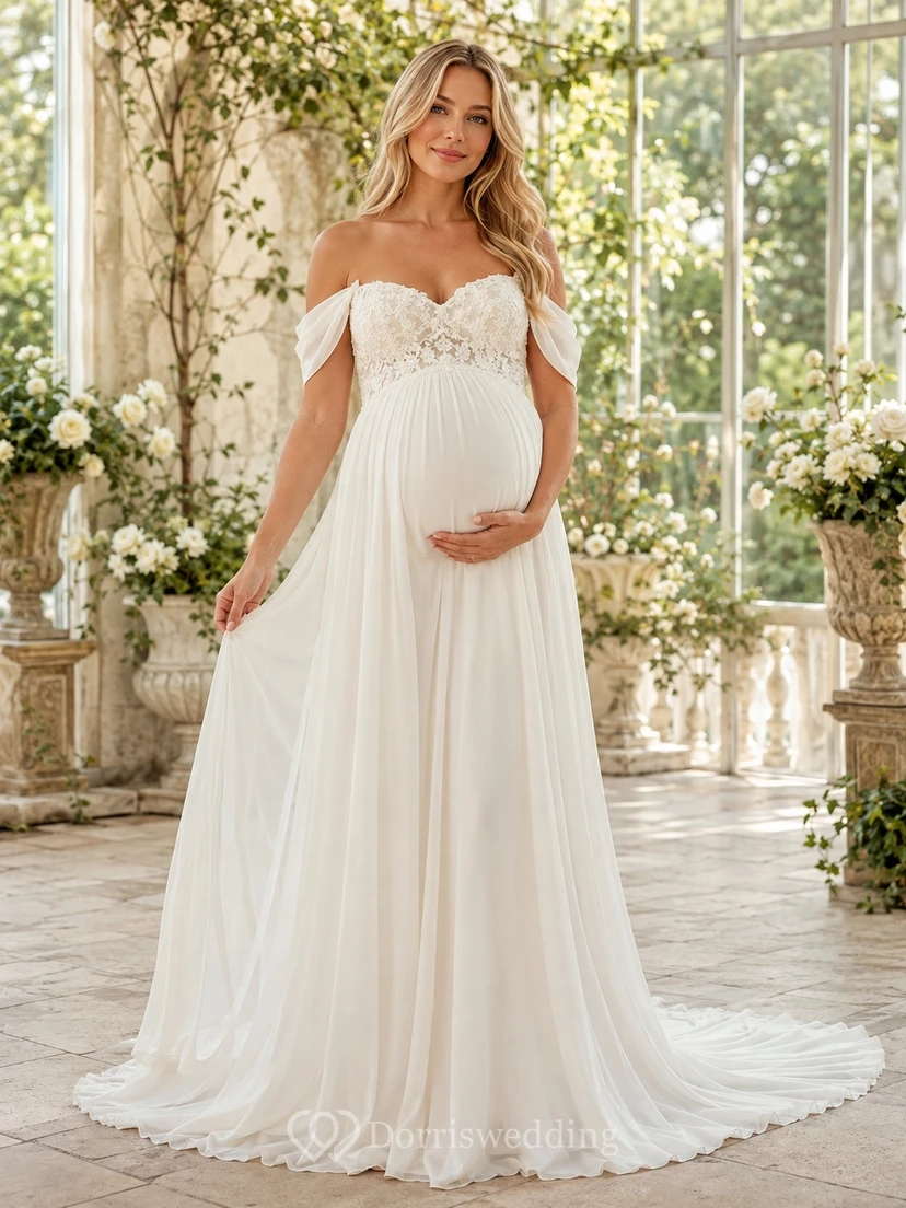 Vestido de novia romántico de maternidad con hombros descubiertos y corte imperio hasta el suelo