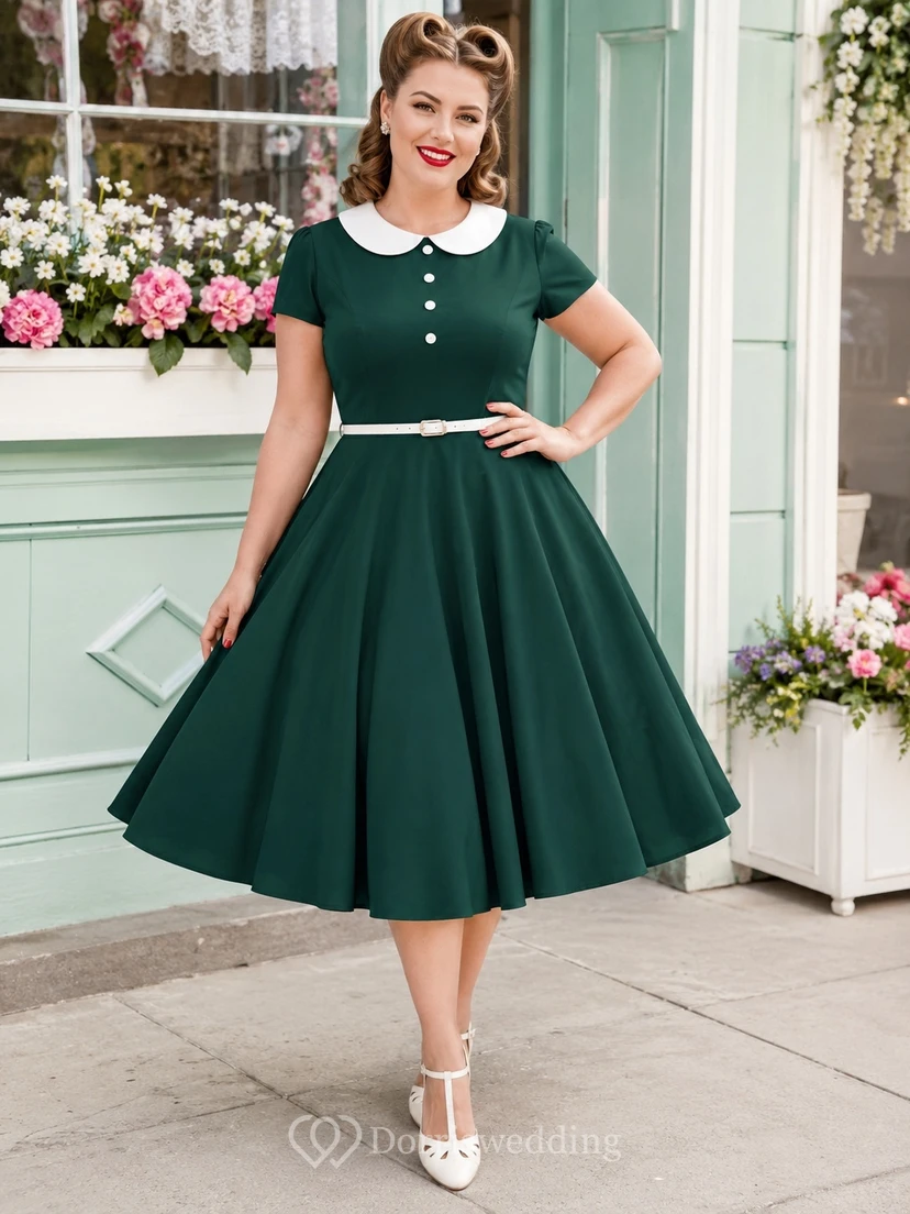 Elegant Forest Green Plus Size Button Front Short Sleeve A Line Tea Length Vintage Dress
