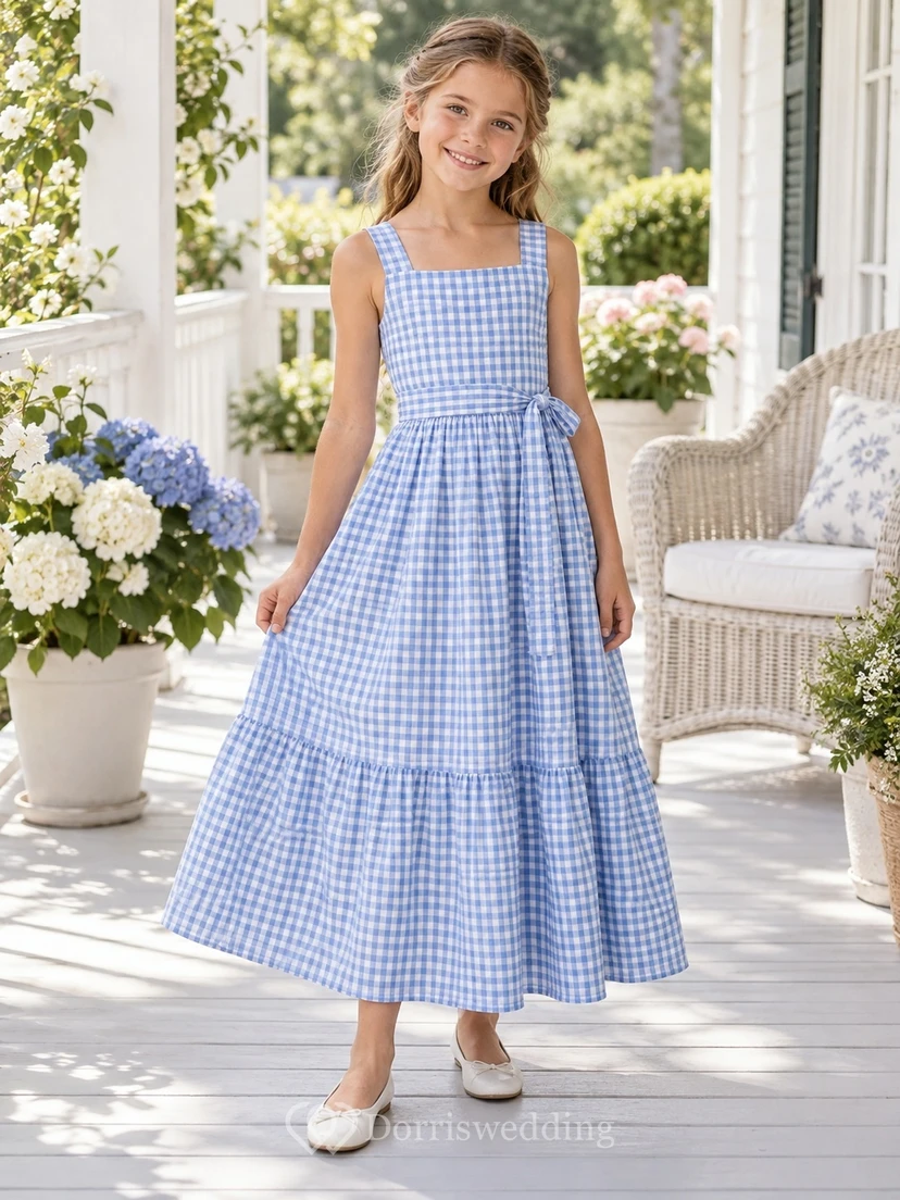 Square Neck Country Blue Sleeveless Tiered Gingham Cotton A-line Flower Girl Dress
