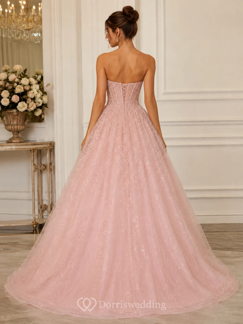 Rosafarbenes, trägerloses Glitzer-Tüll-Ballkleid, festliches Kleid view 2