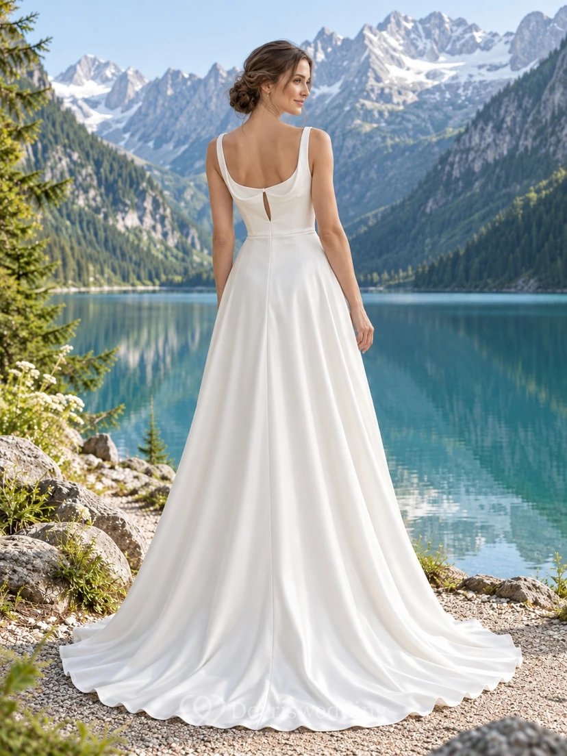 Vestido de novia sencillo de corte A, sin mangas, de satén elástico con cola. view 2