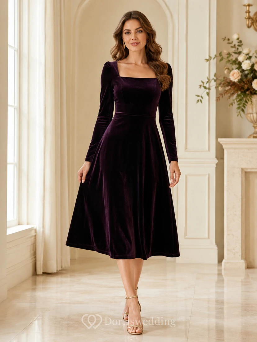 Plum Square Neck Long Sleeve Velvet A-Line Midi Wedding Guest Dress