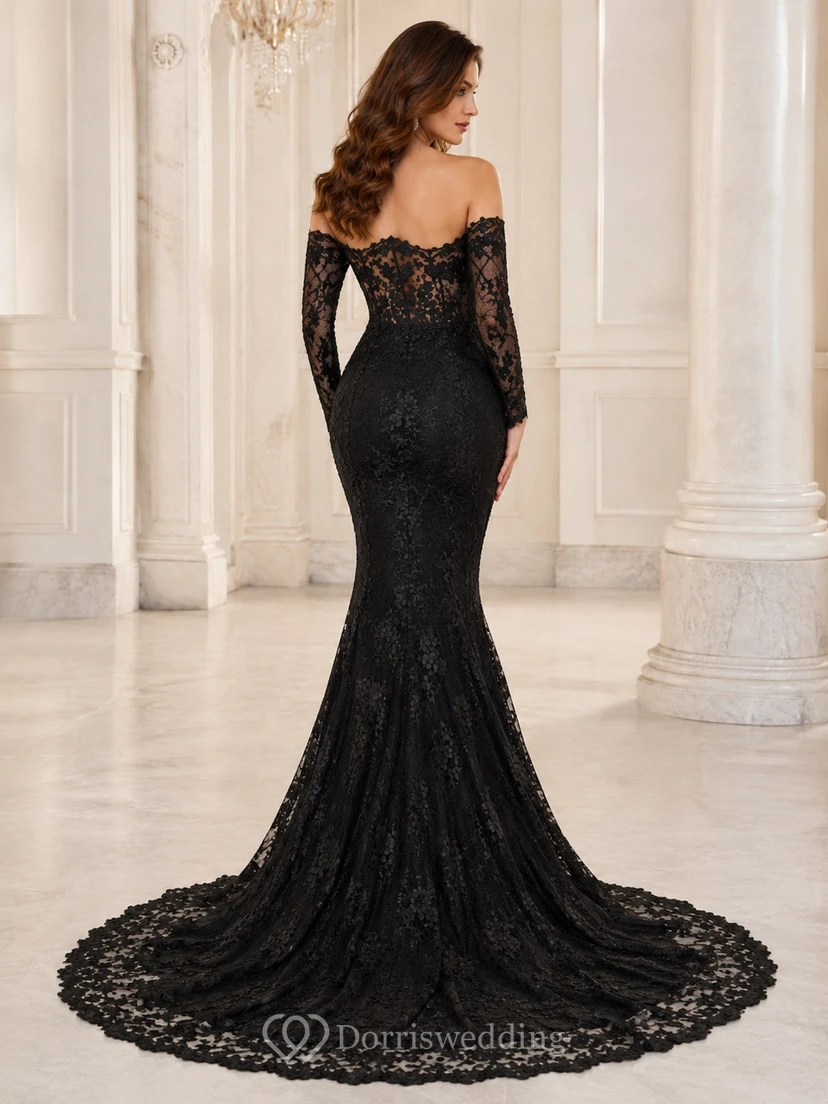 Black Off-the-shoulder Long Sleeve Lace Mermaid Cathedral Train Formal Gown view 2