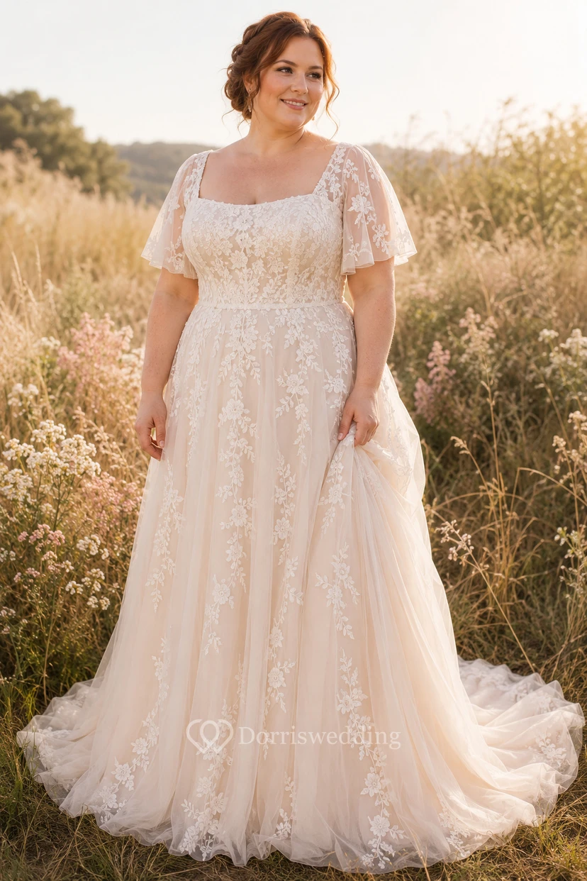Vestido de novia de talla grande con escote cuadrado, encaje y corte en A, con mangas cortas.