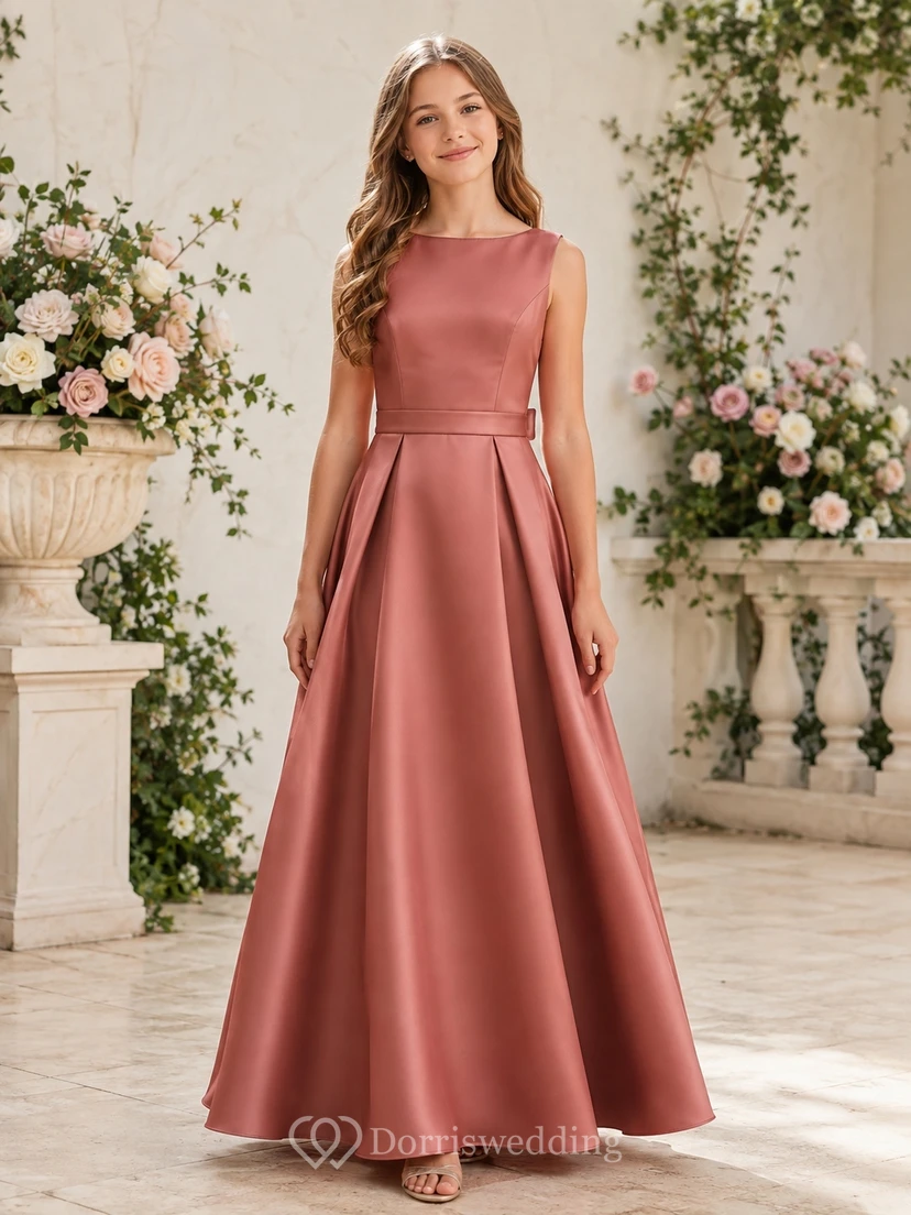Altrosafarbenes Brautjungfernkleid, A-Linie, ärmellos, Satin, Schleife, romantisch