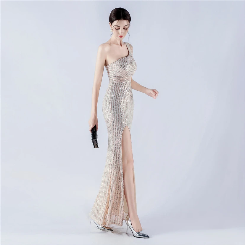Heavy Beaded One-Shoulder Oblique Collar High Fork Sequin Dinner Dress view 23