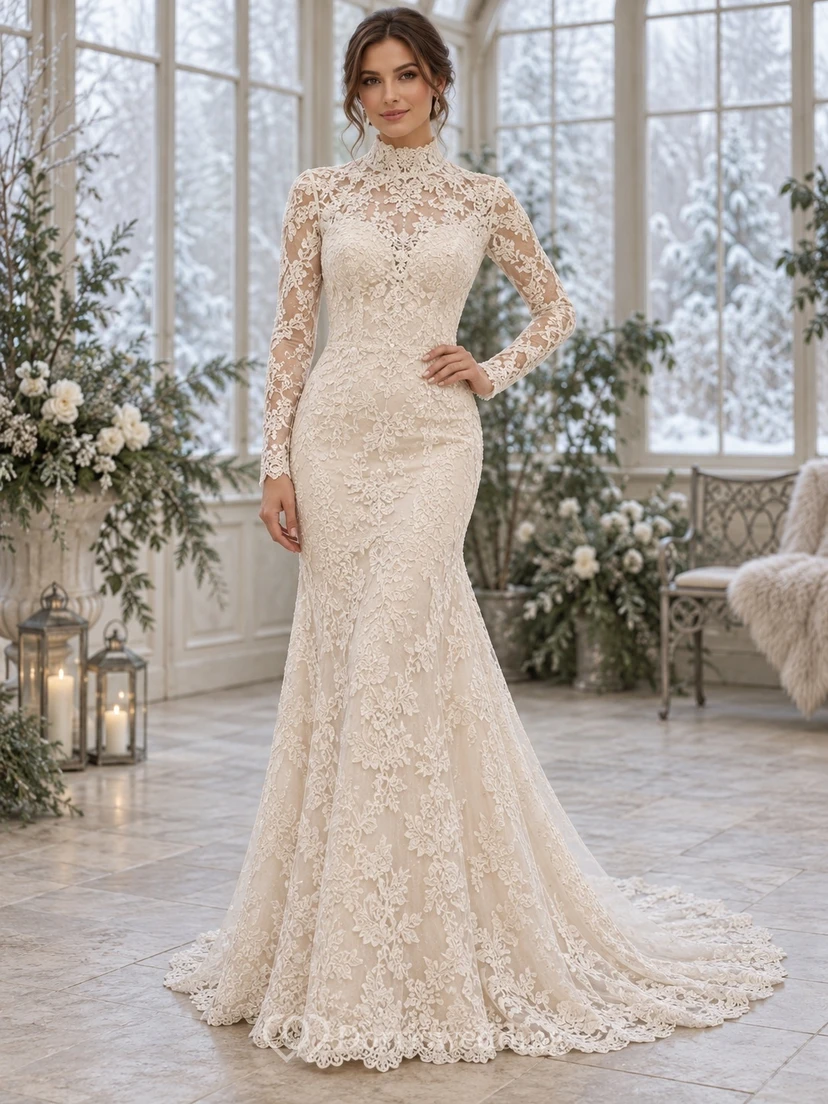 Vestido de novia de sirena con cuello alto, manga larga y cola de encaje floral.