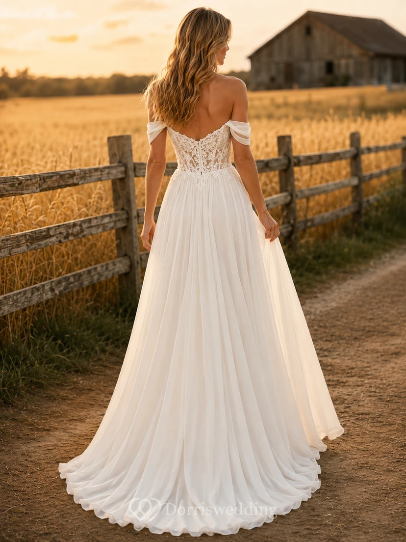 Brautkleid im Landhausstil aus Chiffon und Spitze, A-Linie, schulterfrei, mit Schleppe view 2