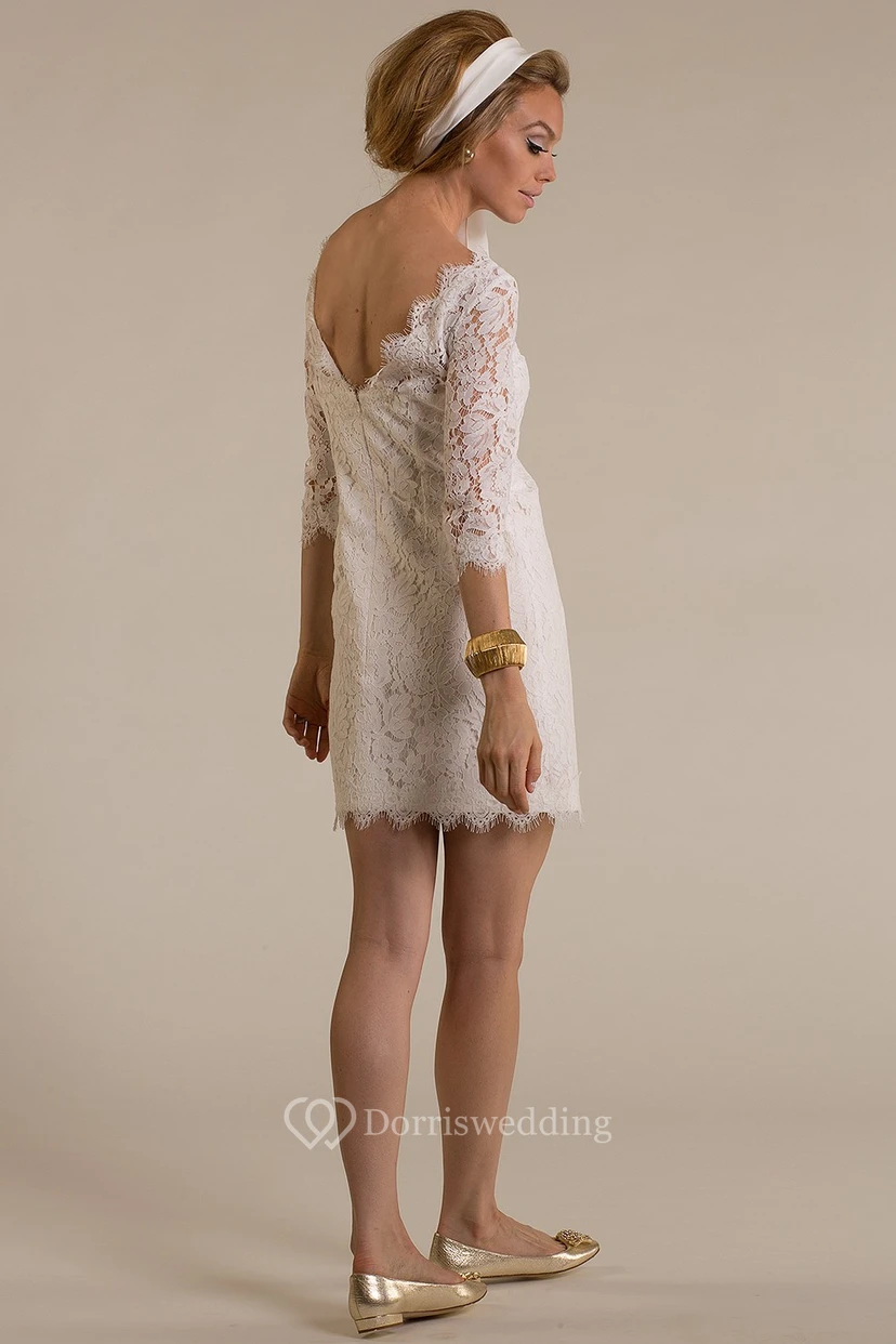Half-Sleeve Bateau-Neck Short Lace Wedding Dress With V Back view 2
