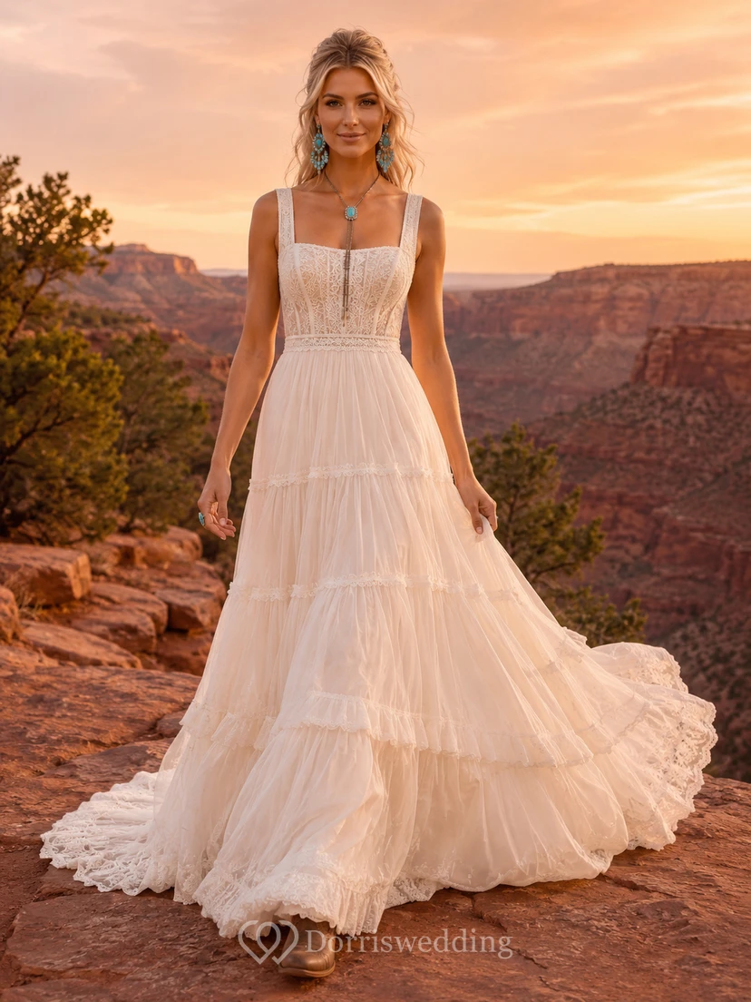 Western Rustic Tiered Tulle A-Line Wedding Dress With Train