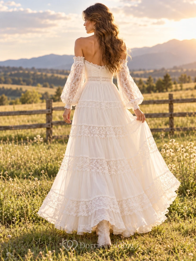 Boho Country High-low Bell Sleeve Off Shoulder Tiered Lace Wedding Dress view 2