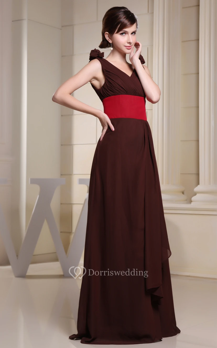 Muti-Color V-Neck Ruched Maxi Dress With Ruching and Flower