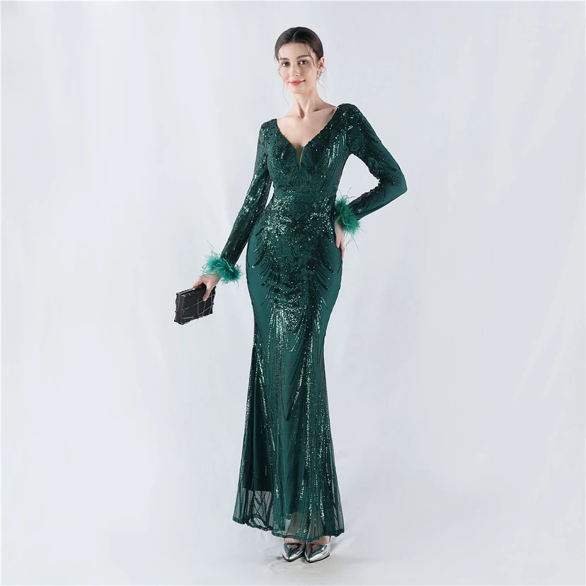 Robe de soirée haut de gamme ornée de perles florales fixes et de poils d'autruche, hôte de la réunion annuelle d'hiver view 50