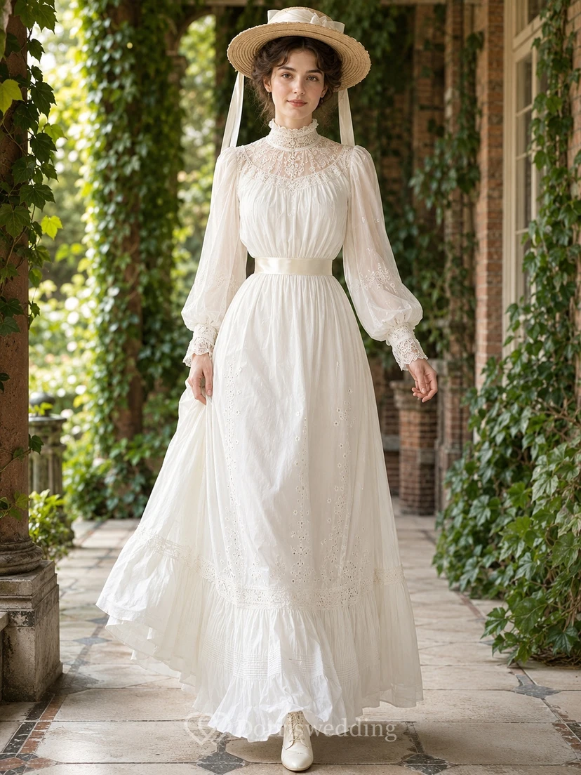 White High Neck Lace Poet Sleeve A-Line Floor-Length Vintage Garden Dress
