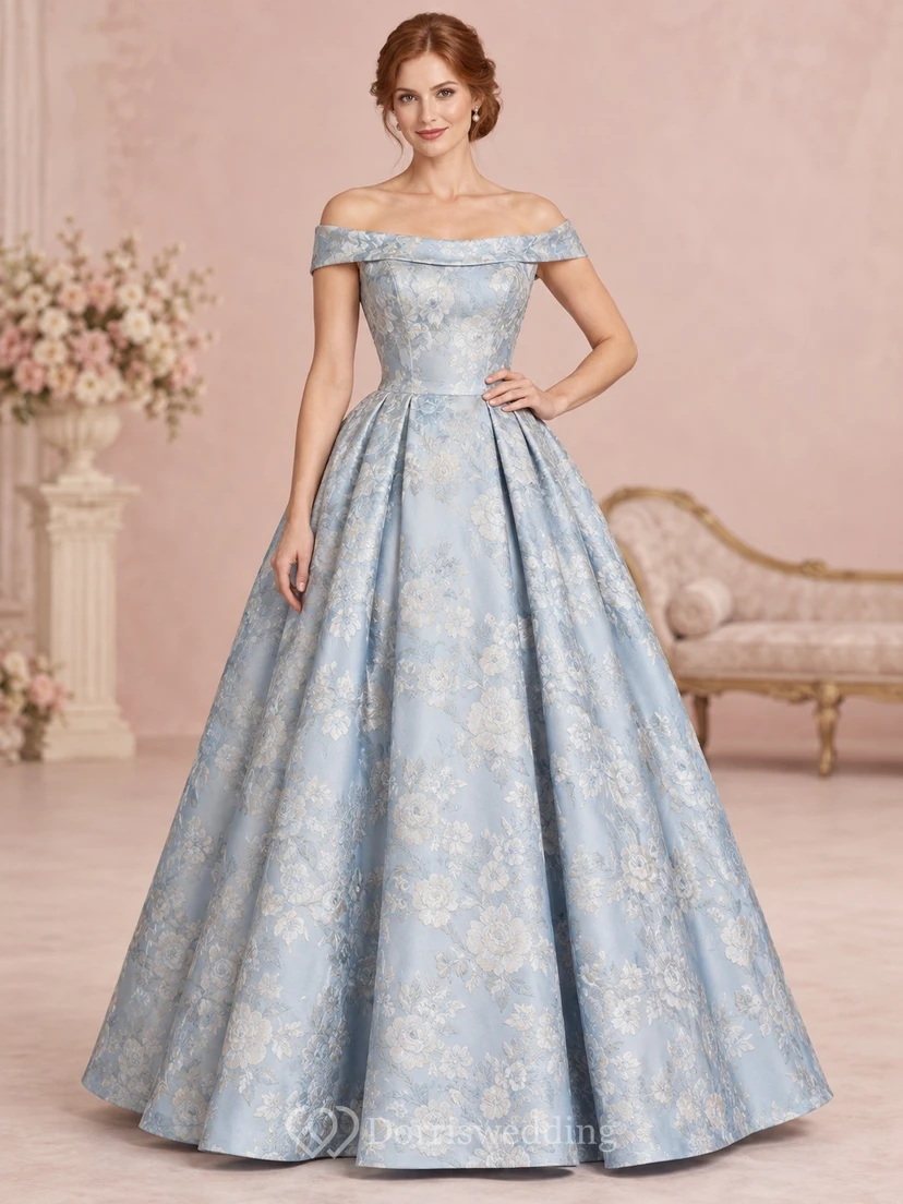 1960s Sky Blue Off Shoulder Pleated Jacquard Evening Ball Gown