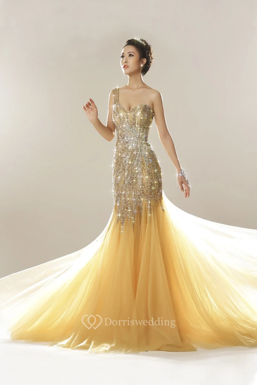 One Shoulder Beaded Open Back Luxury Tulle Mermaid Dress With Appliques view 2