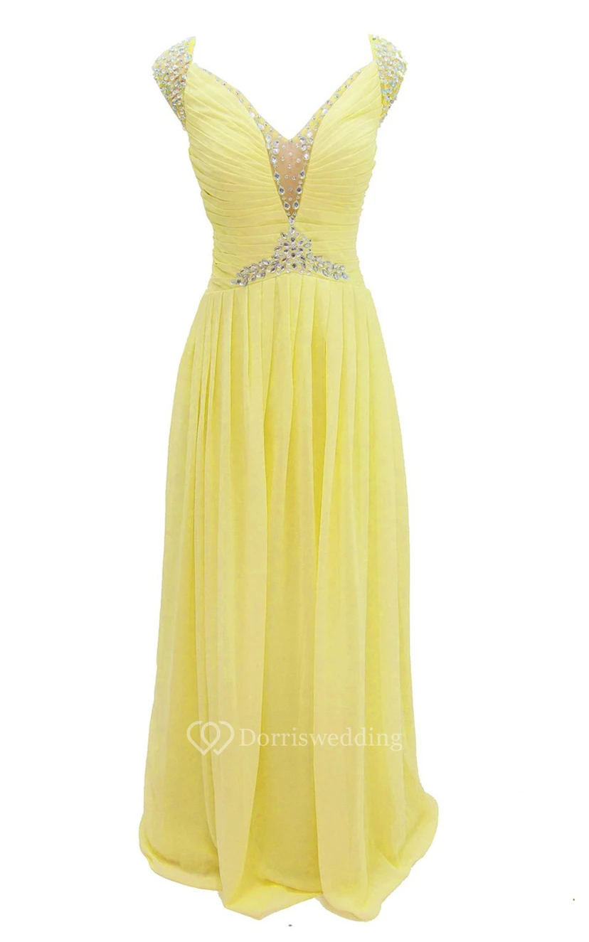 Cap-sleeve V-neck Chiffon A-line Gown With Crystal Detail view 4