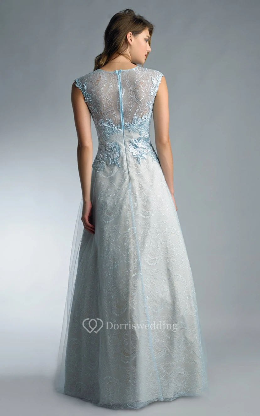 A-line Floor-length High Neck Short Sleeve Lace Illusion Dress view 12