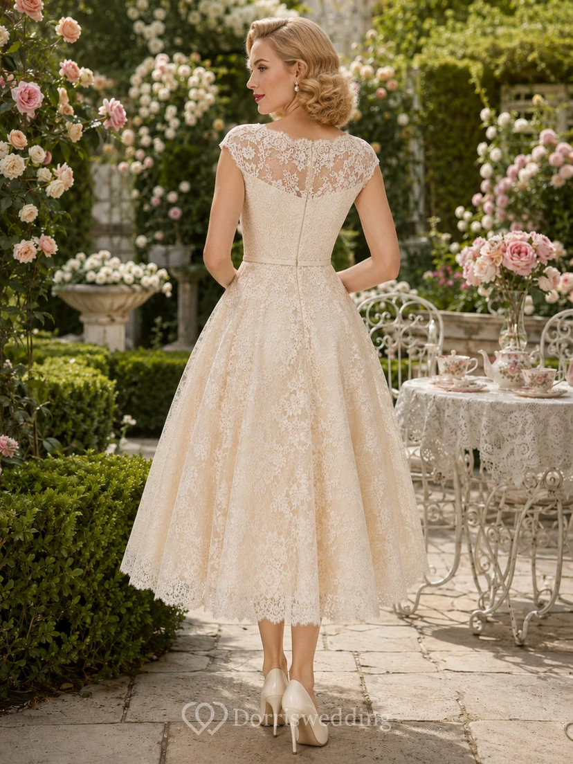 Cream illusion lace cap sleeve A-line tea length dress view 2